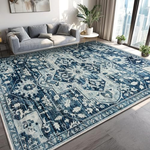 MOONLIGHT20015 Washable Rugs Living Room Large 200x290 cm - Fluffy Vintage Area Rugs for Bedroom - Non Slip Low Pile Soft Boho Rug Carpets for Lounge - Traditional Rug for Dining Room, Tranquil