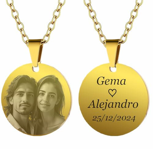 LUTTO Collar con foto, Collar personalizado, Colgante personalizado, Colgante con foto y texto Grabado, Chapas de identificación, Medalla de Acero, Corazón, Pergamino (Redonda dorado 25 mm)