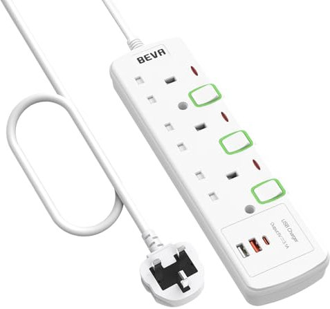 Extension Lead 3M, BEVA Switched Extension Socket with 3 Way Outlets and 3 USB Ports, 3 Metre Extension Cable, Wall Mountable 13A 3250W UK Power Strip for Home Office