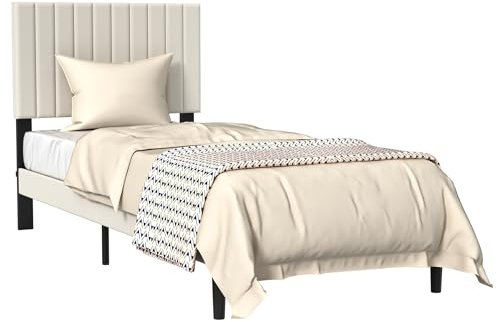 FIVMEN Bettgestell 90x200 cm Bettrahmen Metallbett mit Samt Kopfteil und Lattenrost Jugendbett Gästebett Einzelbett für Schlafzimmer Gästezimmer, Beige