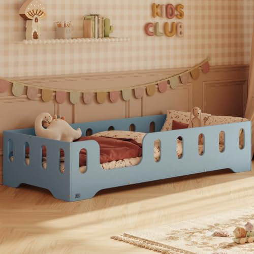 smartwood Bodenbett 60x120 cm mit Rausfallschutz, Holz, Blau, TILA 2L | Montessori Kinderbett, Lattenrost belastbar bis 230 kg, FSC-Zertifikat, abgerundete Kanten, Einfache Montage, ab 3 Jahren