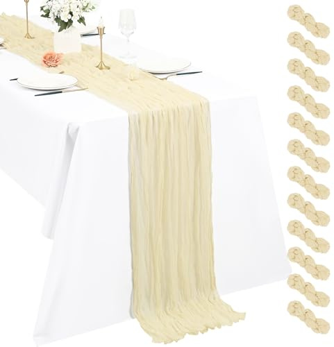 Pesonlook 12er Set Gaze-Tischläufer für Hochzeiten, 55 x 300 cm, Elfenbein | Weiche Polyester-Gaze in Käsetuch-Optik mit lockerem Faltenwurf für Boho-Tischdeko, Geburtstage, Partys und Hochzeitsbögen
