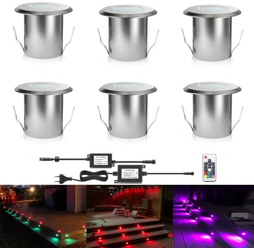 DarisingSun Terrassen Einbaustrahler - 6er Set Boden Einbauleuchten Außen RGB LED Treppen Beleuchtung Ø39mm Bodeneinbaustrahler IP67 Wasserdicht Farbwechsel Bodenlampe für Garten Holzbrücke Holzdeck