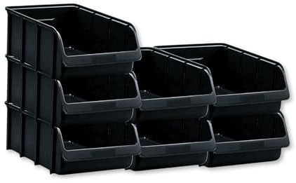 Hünersdorff 7 cajas apilables, tamaño 5, de polipropileno irrompible, recicladas, ideal para sistemas de ordenación y clasificación, placas de pared, estanterías, estanterías de taller, color negro