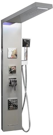 ROVOGO Duschpaneel mit Armatur und LED, 5-Funktion Duschsäule - LED Regen-/Wasserfall-Duschkopf, 2 Eckige Massagedüsen, Handbrause und Wasserfall Wanneneinlauf, Edelstahl Gebürstet, Wandmontage