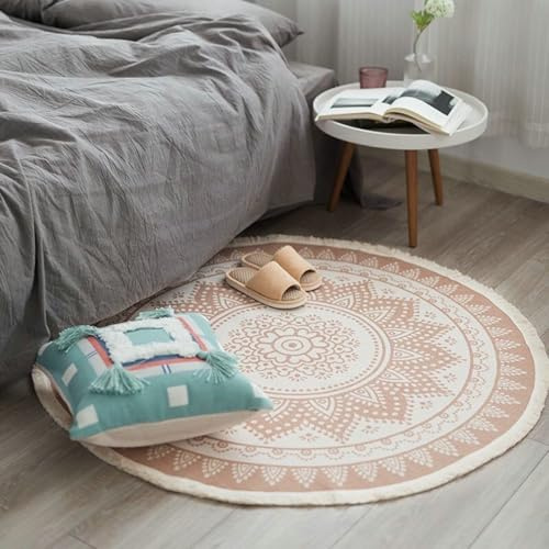 Mesnt Teppich Küche Waschbar, Mandala-Muster mit Quasten Teppiche aus Baumwoll-Leinen Ideal für Balkon, Garten, Terrasse und als Küchenteppich, Hellbraun, Stil 5, Größe: Rund 150cm