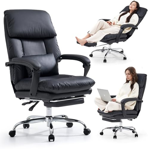 EMIAH Ergonomic Office Chair with Lumbar Support, Comfortable Thickened Cushion Adjustable Swivel Executive Desk Chair with Wheel and Footrest, PU Leather Home Computer Chair with High Back (Black)