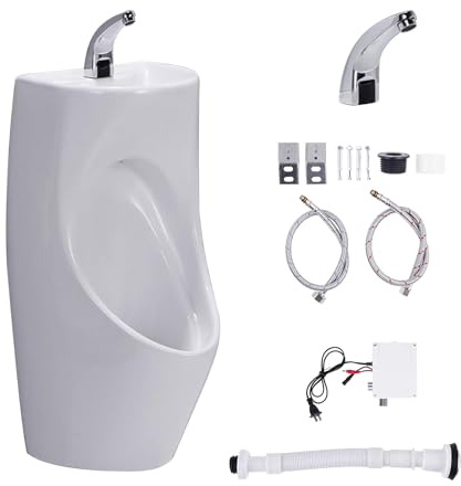 Urinal Keramik-Urinale for Herren Pissoir Wand-Urinal Mit Waschbecken Auslaufsicheres Urinal for Männer Garten Toilette Urinale for Männerbadezimmer Mit Sensorhahn, Wandentwässerung(White)