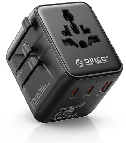 ORICO 5-in-1 Reiseadapter Weltweit mit USB C 20W für USA, UK, Europa, Japan | All-in-One Universal Reiseadapter, einsetzbar in über 200 Ländern & Regionen, 2×USB-C, 1×USB-A, Schwarz