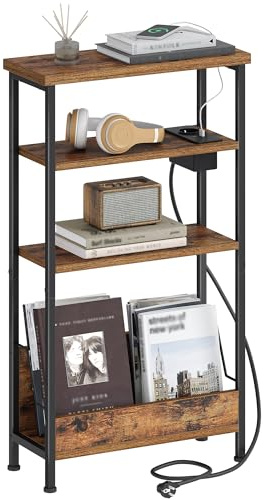 Hzuaneri Beistelltisch Schmal, 4-Stufiger Beistelltisch Couch mit Zeitschriftenhalter und Ladesteckdosen, Geeignet als Nachttisch für Wohnzimmer oder Arbeitszimmer, Vintagebraun-Schwarz ET40001BEU
