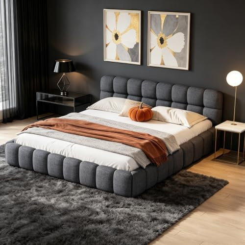 BRYXR Polsterbett 140x190, Bubble Bett mit Lattenrost, Gepolstertem Kopfteil, Elegantes Doppelbett, Ideal für Jugendzimmer und Gästezimmer (Graue Leinen, ohne Matratze)