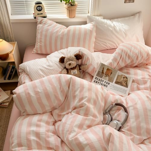 Freyamy Gestreifte Bettwäsche 135x200 Rosa Weiß Gestreift Bettwäsche Set