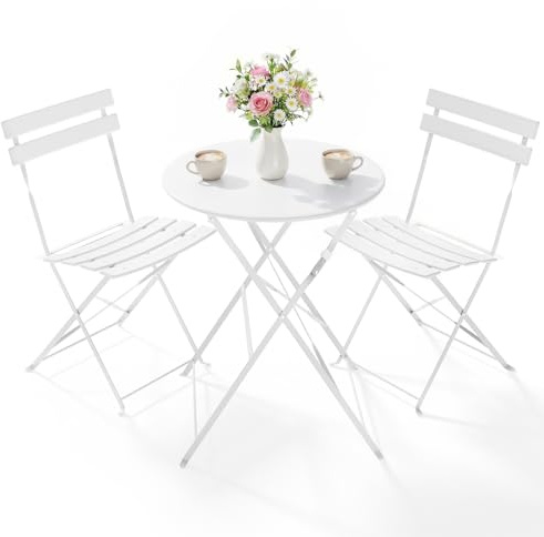 Clevich Bistro Set Balkon Metall, Klappbar Balkonmöbel Set 3 teilig, Bistrotisch mit 2 Klappstühlen, Gartenmöbel-Set Outdoor Sitzgruppe, Faltbar und Wetterfest, für Balkon, Garten, Terrasse, Weiß