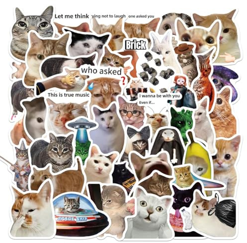 BIKPRST 50 Stück Meme Sticker Katzen Sticker Cat Sticker Set, Wasserdichte UV-Beständige Rückstandsfreie PVC Mattfolie Aufkleber, Für Kreative Gestaltung, Handyhüllen, Laptops, Wanddekoration