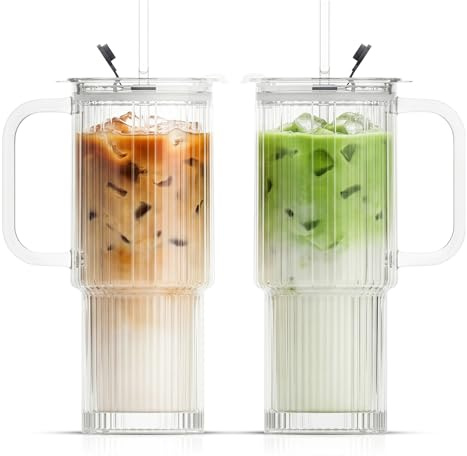 Lemontree Glasbecher mit Deckel und Strohhalm 2er Set – 760ml geriffelte Trinkgläser mit Henkel – auslaufsicherer Smoothie Becher & Matcha Glas – Trinkglas mit Strohhalm und Deckel (2er Set | Glas)
