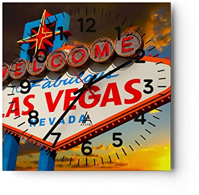 Modern Wanduhr Amerika bestimmungsort las Vegas 30x30cm Quadrat Klein Wand Uhr Glas Analog Zimmeruhren Küche Büro Wohnzimmer Glasuhr Wall Clock Dekoration Design Küchenuhr C4AC30x30-2594