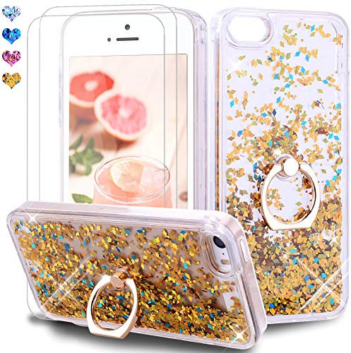 Feyten iPhone 5/ iPhone 5S/ iPhone SE Case with Tempered Glass Screen Protector [2 pack], Sparkly Glitter Bling Flowing Liquid Floating Case Cover with Kickstand for iPhone 5/5S/SE (Gold)