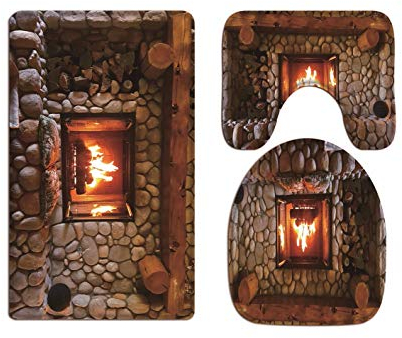 A.Monamour Badezimmer Badematte 3 Teilig Set Weihnachten Rock Stein Kamin Muster Holz Kaminsims Kunstdekore Flanell Saugfähig Badteppiche Badvorleger Badgarnitur WC Vorleger