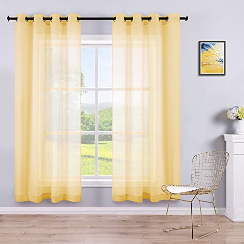 Gelbe durchsichtige Vorhänge, 160 cm Länge, für Schlafzimmer, 2 Paneele, Ösen, Pop-Farbe, Leinenoptik, Voile, Fenster, halbtransparente Federvorhänge für Wohnzimmer, Küche, 132 x 160 cm lang