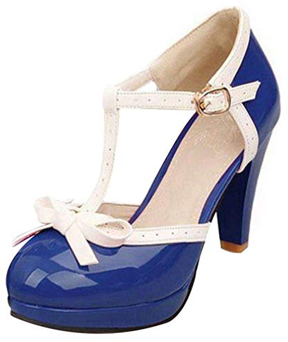 Lovouo Scarpe da donna Mary Jane in vernice con cinturino e fiocco, plateau e tacco quadrato di 9 cm