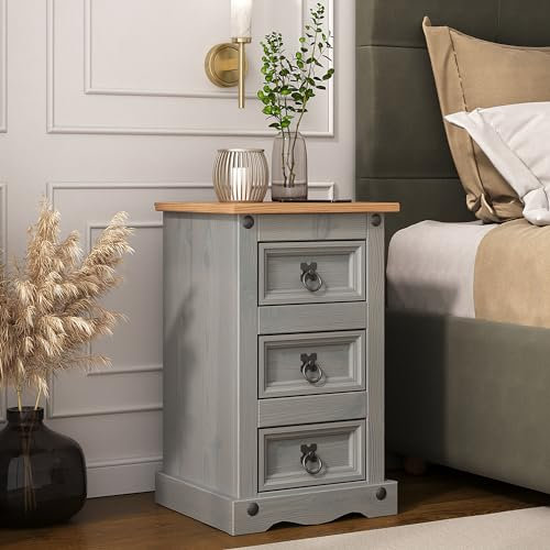 Corona Grey Wax 3 Drawer Bedside Table - Mexican Pine