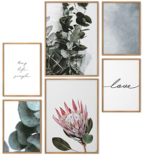 Papierschmiede® Mood Poster Set Eukalyptus dark, Fertiges Bilder Set mit Rahmen (Holz, Natur), Wohnzimmer Deko Schlafzimmer, 2x DIN A3 und 4x DIN A4, Pflanze Grün Blätter Blüte