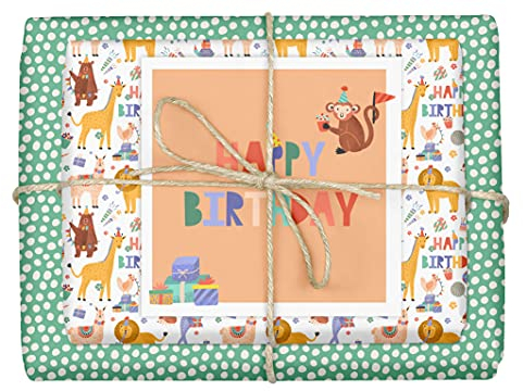 dabelino® Kinder-Geschenkpapier Geburtstag: Tiere/Happy Birthday (Junge, Mädchen), Set: 4X Bögen + 1x Karte (Öko Recycling-Papier nachhaltig)