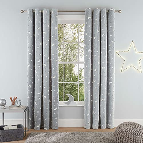 Sleepdown Teddy-Fleece-Vorhänge mit Ösen, leuchtet im Dunkeln, superweich, Mond und Sterne, für Schlafzimmer und Wohnzimmer, 168 x 183 cm, Grau, 2 Bahnen