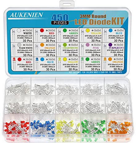 AUKENIEN Diodi LED 3MM 15 Colori 450 pezzi Diodo LED Kit Diode Elettronica Emissione Luce Rotondo Trasparente Rosso Blu Giallo Verde Bianco Caldo Arancione Rosa Viola Chartreuse
