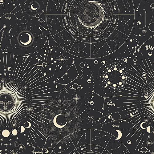 Sonne Mond Polsterstoff für Stühle,Boho Weltraum Sternbild Stoff für den Außenbereich,Meterware,Bohemien Universum Galaxis,Dekorationsstoff für Polster Heimwerkerprojekte,276x160cm,Beige Schwarz