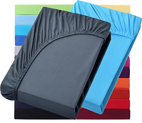 NatureMark Basic 2er Set Jersey Spannbettlaken 90 x 190 cm - 100 x 200 cm - 25 cm Steg - 100x200cm Spannbetttuch - 100% Baumwolle, Anthrazit & Türkis