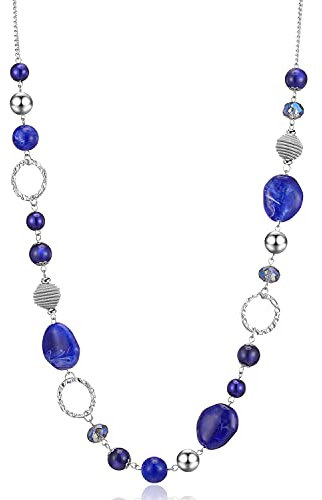 Bulinlin Damen Lange Perlenkette Statement Boho Silber Metallkette Hochzeitstag Modeschmuck Geschenke Pullover Halskette für Frauen (23-Royal Blue)