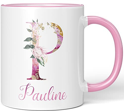 JUNIWORDS Tasse, Pauline, Name Anfangsbuchstabe Initial Alphabet Floral Buchstabe P Monogramm Motiv, Rosa (5534279)