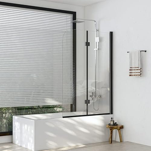 Duschwand für Badewanne 120x140cm 2-teilig Faltbar Schwarz Duschabtrennung, Duschtrennwand aus 6mm Nano EGS Sicherheitsglas, Zweiteilige Faltwand badewannenaufsatz Badewannenfaltwand