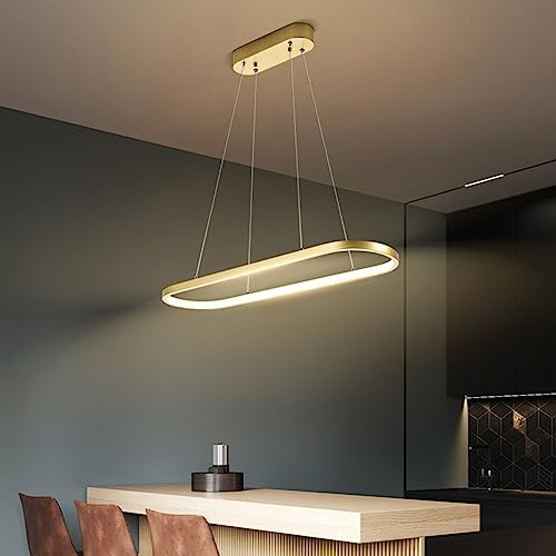 Bellastein Pendelleuchte Oval Esstisch Büro Lampen, LED Hängeleuchte Dimmbar Deckenleuchte mit Fernbedienung, Modern Ring Design Kronleuchter für Esszimmer Küchenlampe Blendfrei (Gold, L90cm)