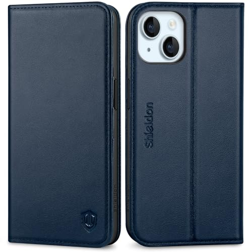 SHIELDON Hülle für iPhone 15 5G, Stoßfeste Schuzhülle [Rindsleder] [Kartenfach] [Verdicht TPU], Magnetische Handyhülle Klappbare Ledertasche Case Kompatibel mit iPhone 15 6,1 2023 - Marineblau
