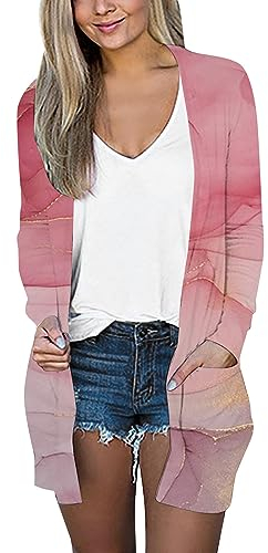 Cardigan a Maniche Lunghe da Donna Cardigan Aperto sul Davanti Aperto con Tasche Spolverino Casual Maglione Cardigan in Maglia Leggera Cappotto Oltre (Pink-A, XL)