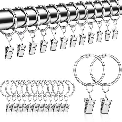 RobLuX Anelli Per Tende Con Clip,50 Pezzi Anelli per Tende e 50 Pezzi Clip per Tende,Facili da Chiudere,Adatti per Fissare Tende e Tende da Doccia,Diametro Interno 30 mm (Argento)
