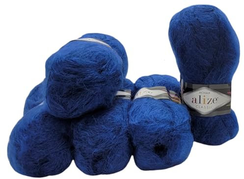 5 x 100 Gramm Ilkadim Export Mohair Classic Strickwolle, 500 Gramm Strickgarn einfarbig mit 25% Mohair Wolle (royal blau 409)