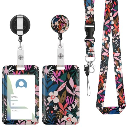Vicloon Lanyard mit ID Kartenhalte, 2 Stücke Einziehbare Badge Holders Ausweishülle, Ausweishalter mit Clip, Schlüsselbänder mit Schnellverschluss Schnalle(große rosa Blüten)