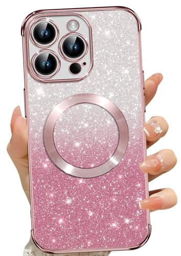 Phoona Cover Magnetica per iPhone 13 Pro, Glitter Custodia Compatibile con MagSafe, Anti Graffi, Non Ingiallente, Protezione Completa Case iPhone 13 Pro, con 2 Vetro Temperato, Rosa