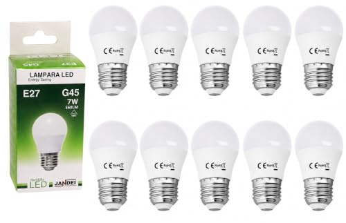 JANDEI - 10er-Pack Mini-G45-LED-Lampen, E27-Sockel, 7W (entspricht 60W), 630 Lumen, 3000K, nicht dimmbar, perfekt für Deckenlampen, Nachttischlampen, Schlafzimmer, Schreibtische