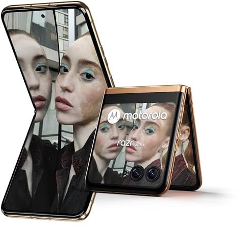 Motorola razr40 Ultra (flip-phone, display FHD+ da 6,9/3,6, fotocamera frontale da 32 MP, 8/256 GB, 3800 mAh, Android 13), Peach Fuzz, con cover protettiva e adattatore per auto