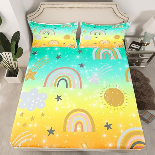 Regenbogen Bettwäsche Set 160x200x30,Kinder Ombre Glitter Bettwäsche Sternenhimmel Pastell Sparkle Spannbetttuch Tie Dye Galaxy Blätter Regenbogen Dekorationen für Mädchen Zimmer,Teal Gelb