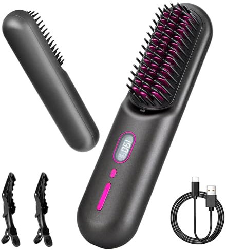 Cordless Hair Straighteners and Curler, Portable Wireless Negative Ion Straightening Comb for Travel with Storage Bag, 12 Temperature Levels, 7.4V/9600mAh Battery USB Rechargeable (Grey)