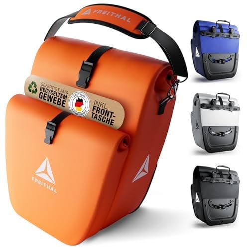 FREITHAL - Fahrradtasche für Gepäckträger mit Fronttasche [33L] - 100% wasserdicht & mit Reflektoren - Gepäckträgertasche & Umhängetasche - Bike Bag - Orange