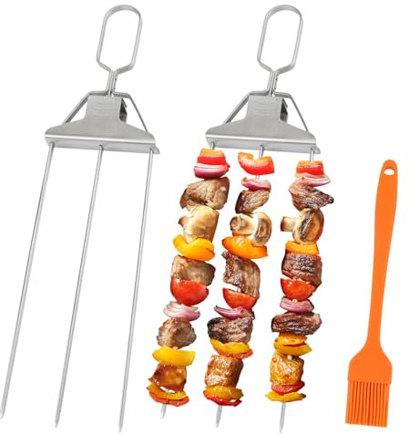 EZESO 3-Prong Kebab Skewers Kit, Stainless Steel Grill Fork with 1 Brush, 2PCS BBQ Grilling Skewers,Barbecue Accessory for Outdoor Barbecues Meat,Veggies,Marshmallow Roasting Sticks Cooking