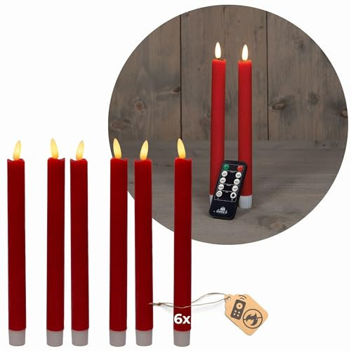 Stabkerzen LED mit Timer ROT 6 Stück indoor - 6 Stunden - ECHTWACHS 18cm Höhe für Kerzen 2,2cm Durchmesser 2 AAA Batterien notwendig LED Stabkerzen 4er Set ROT (zwei Mal) bewegliche Flamme Licht