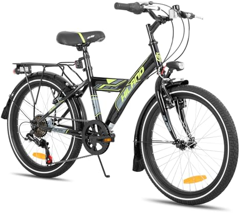 Hiland 20 Zoll Kinderfahrrad Mountainbike für Kinder Jungen Mädchen ab 6 7 8 9 10 Jahren mit 6 Gang Schaltung, Ständer, Schwarz