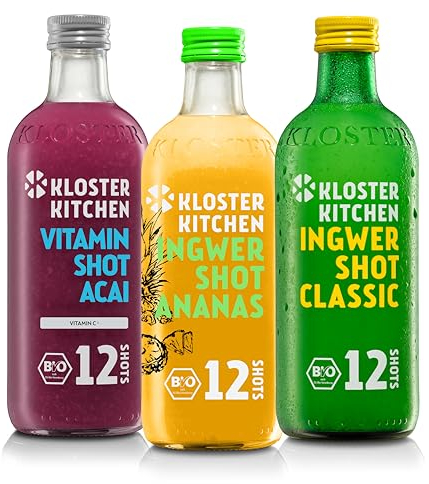 Kloster Kitchen Bio Ingwer Shot 3er Sommer - Mix 12SHOTS 3x 360 ml mit Ingwerstückchen I vegan I 12 Shots je Flasche I ohne Zusatzstoffe & natürliche Süße (inkl. 0,75€ EINWEG Pfand)